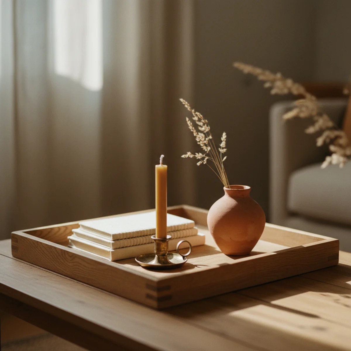 Cozy living room ideas — wooden tray with bud vase, books, and beeswax candle on a coffee table — Home Decor Aura