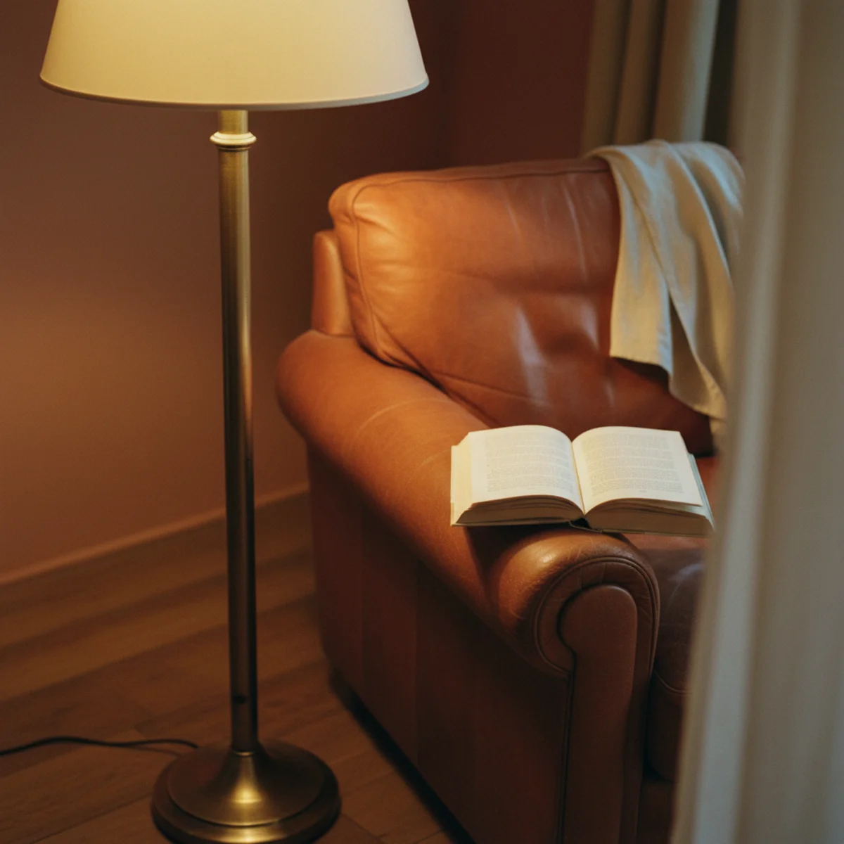 Cozy living room ideas — brass floor lamp positioned behind and beside a leather armchair — Home Decor Aura