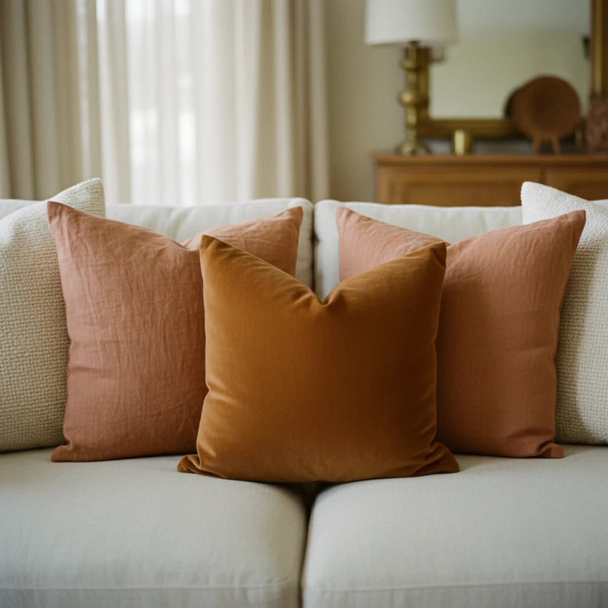 Cozy living room ideas — five cushions in linen, boucle, and velvet across a sofa back — Home Decor Aura