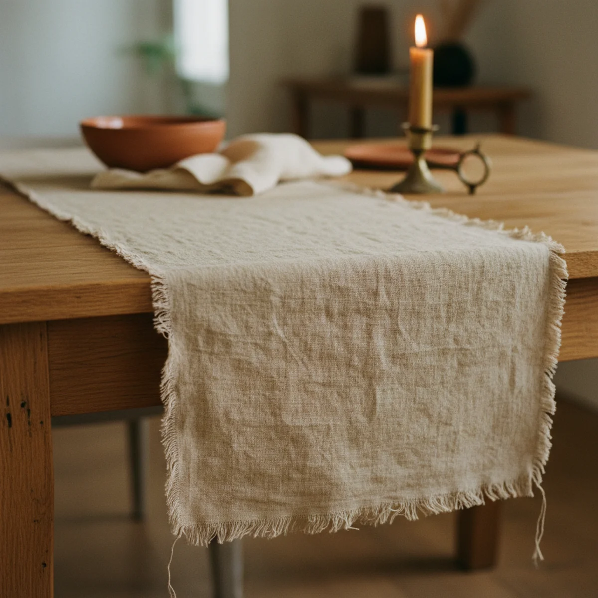 Cozy tablescape — washed oat linen runner extending 12 inches past each end of a wooden dining table providing the foundational base layer for cozy tablescape — Home Decor Aura