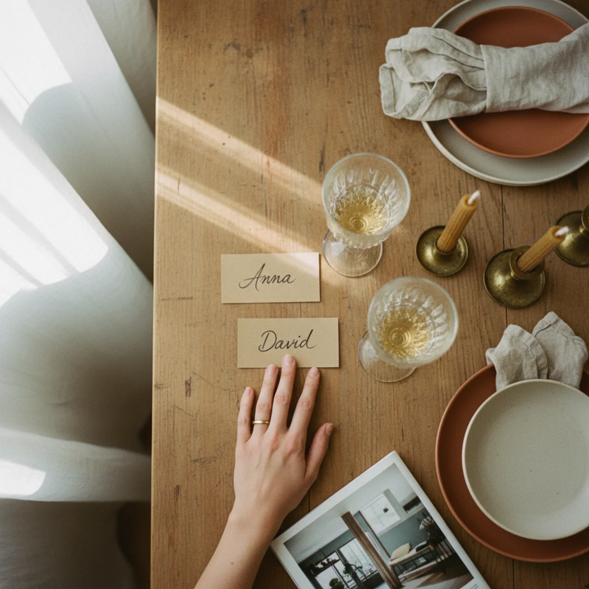 Cozy tablescape — small hand-written natural-fiber paper place card leaning against a wine glass at a formal dinner setting on a warm cozy tablescape — Home Decor Aura