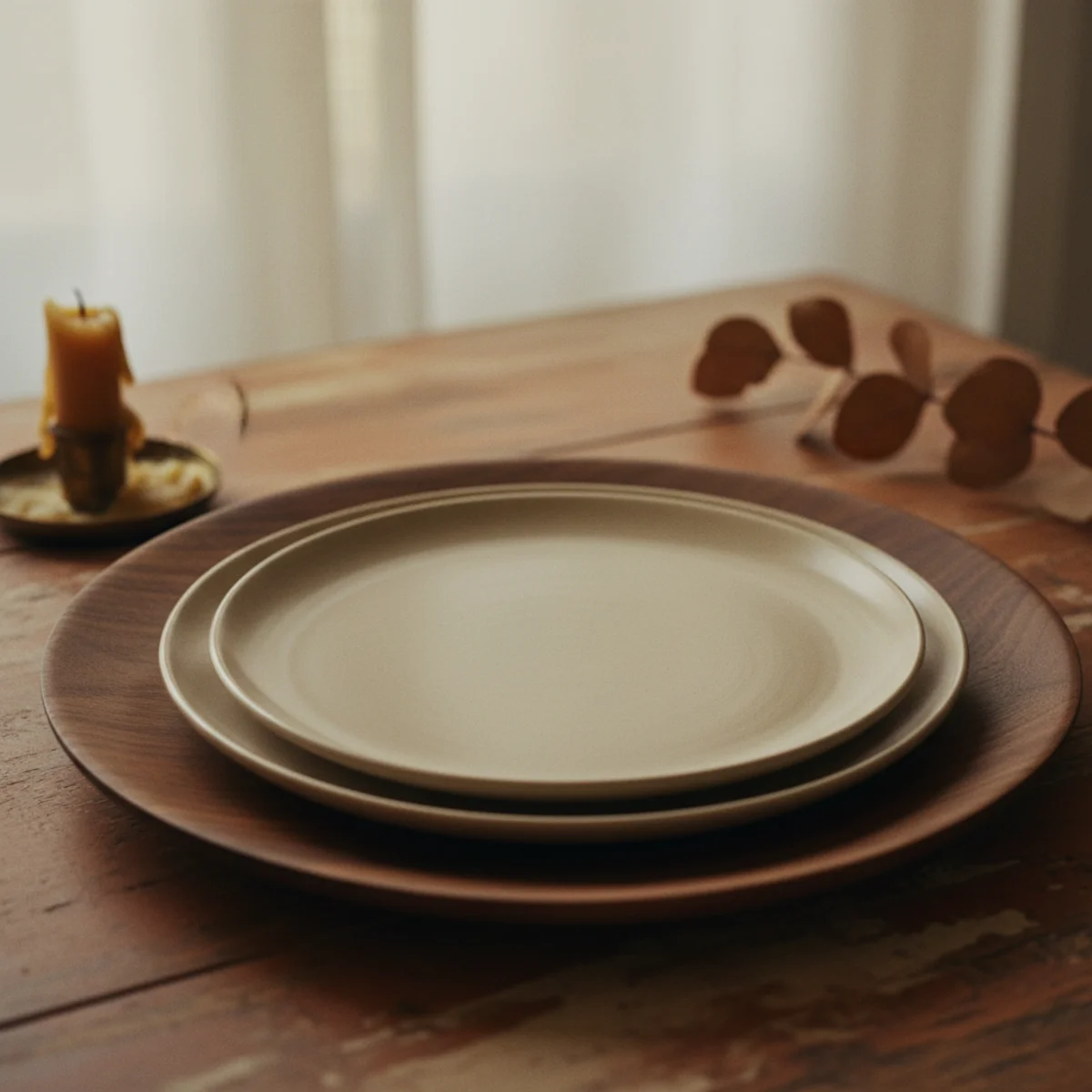 Cozy tablescape — wooden round walnut charger plate under cream ceramic dinner plate at each place setting on linen runner showing the layered place-setting effect — Home Decor Aura