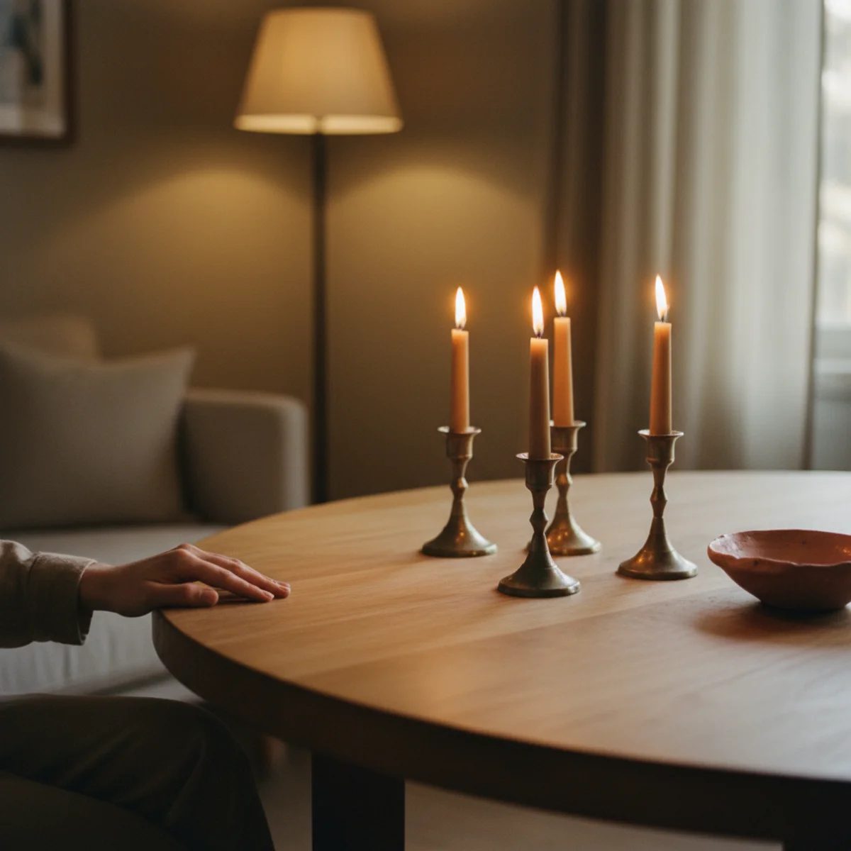 Cozy tablescape — dining table with candles burning brightly in dimmed dining room where overhead is at 15 percent brightness and adjacent room lamps provide warm ambient glow creating atmospheric meal lighting — Home Decor Aura