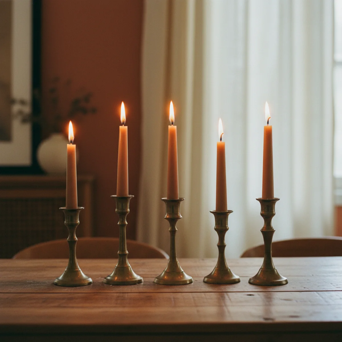Cozy tablescape — line of six beeswax taper candles in mixed vintage brass holders running down center of dining table over linen runner with warm flames during evening meal — Home Decor Aura