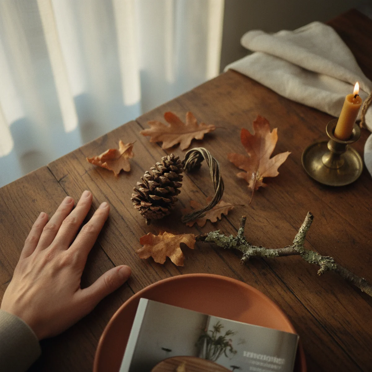 Cozy tablescape — foraged centerpiece of fresh-cut evergreen branches, dried hydrangeas, and small pinecones arranged in a small ceramic bowl as the low winter centerpiece — Home Decor Aura
