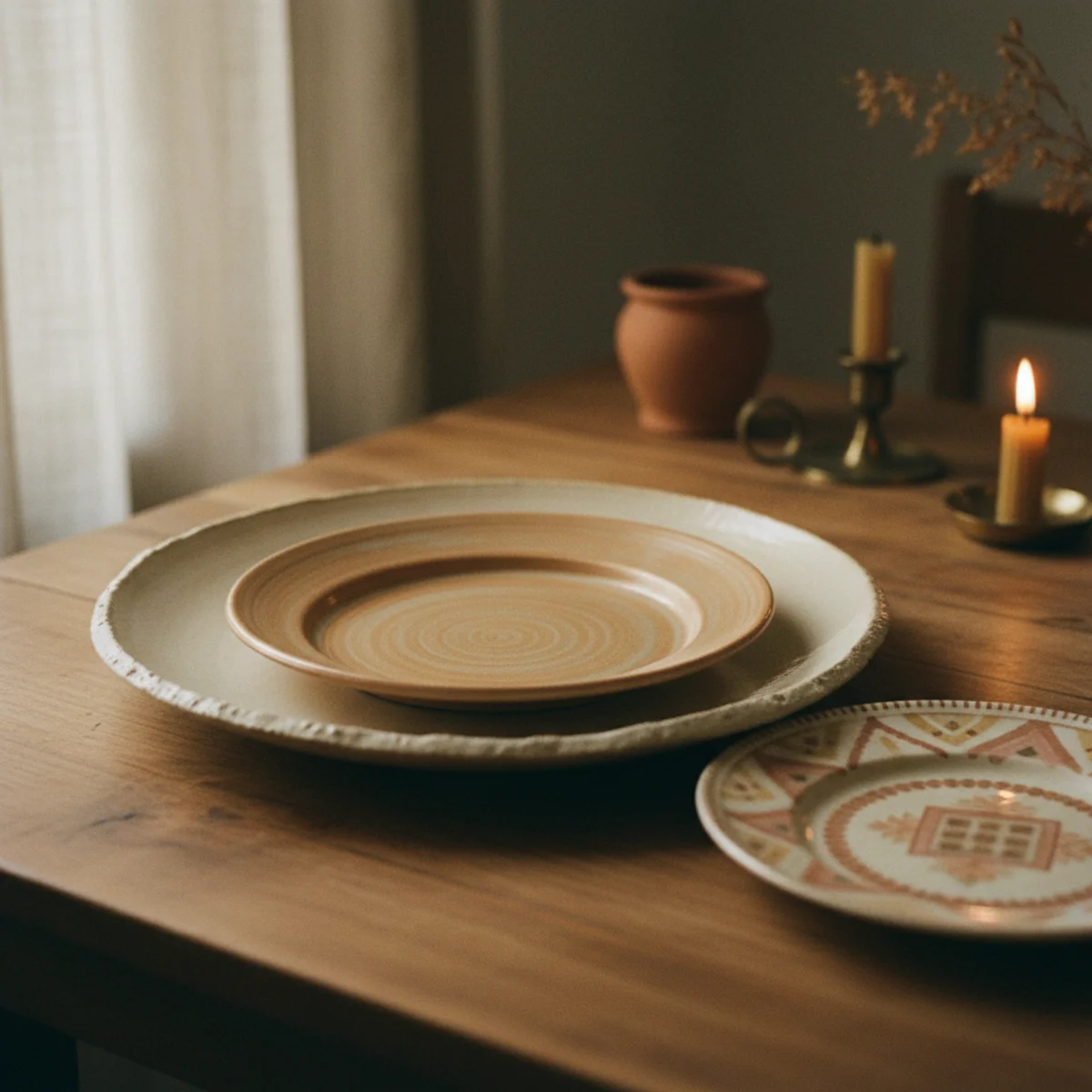 Cozy tablescape — dining table set with cream Heath stoneware base set, mixed hand-thrown ceramic accent plates, vintage pressed glass water glasses, and vintage silver-plate flatware showing mixed-but-related collection — Home Decor Aura