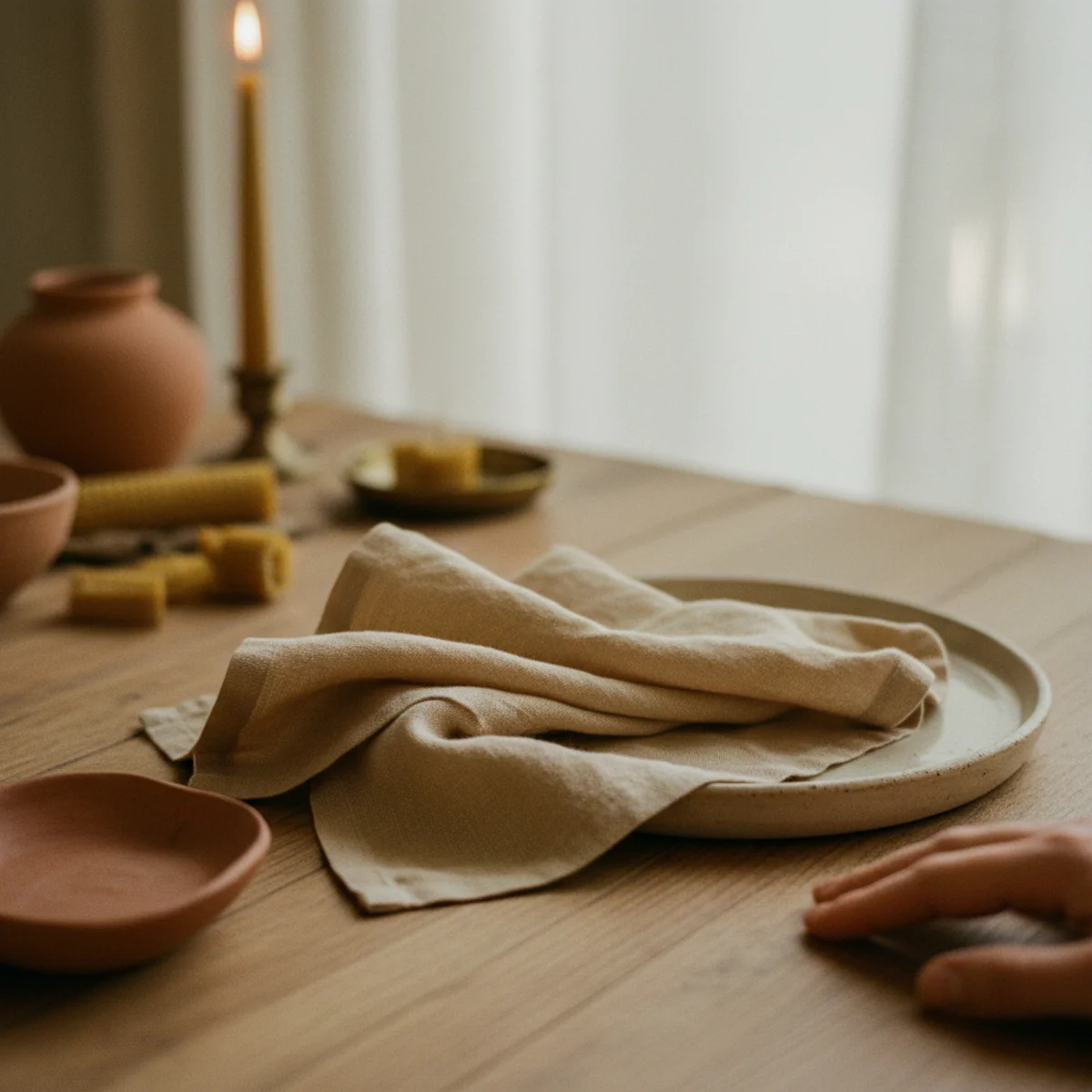Cozy tablescape — washed cream linen napkin with visible wrinkle and slubby texture folded loosely beside a place setting on linen runner — Home Decor Aura