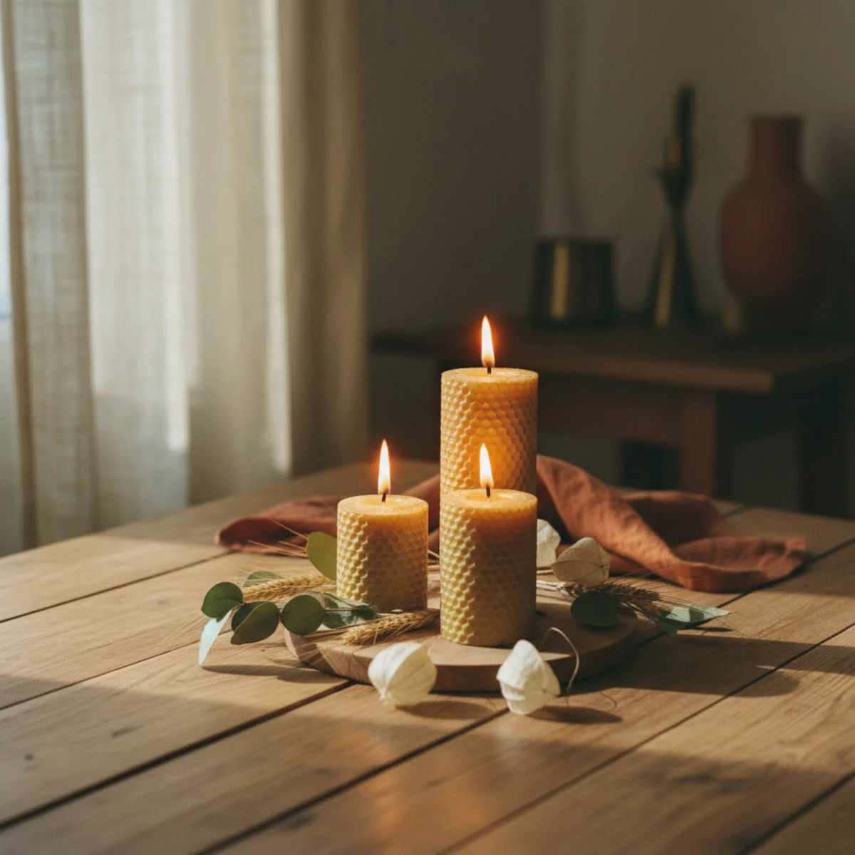 Cozy tablescape — cluster of five beeswax pillar candles at varying heights on a small wooden tray as the centerpiece of a round dining table — Home Decor Aura