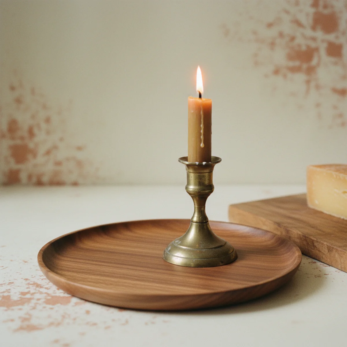 Cozy tablescape — dining table with brass candleholders, walnut cutting board for bread, hand-thrown ceramic bowl with sea salt, and vintage silver flatware showing consistent warm metal and wood material language — Home Decor Aura