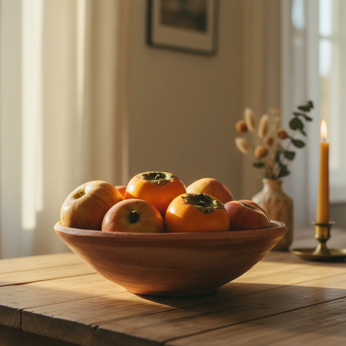 Cozy tablescape — low ceramic bowl filled with seasonal winter citrus including oranges, lemons, blood oranges, and clementines on dining table with linen runner adding bright color to warm tablescape — Home Decor Aura