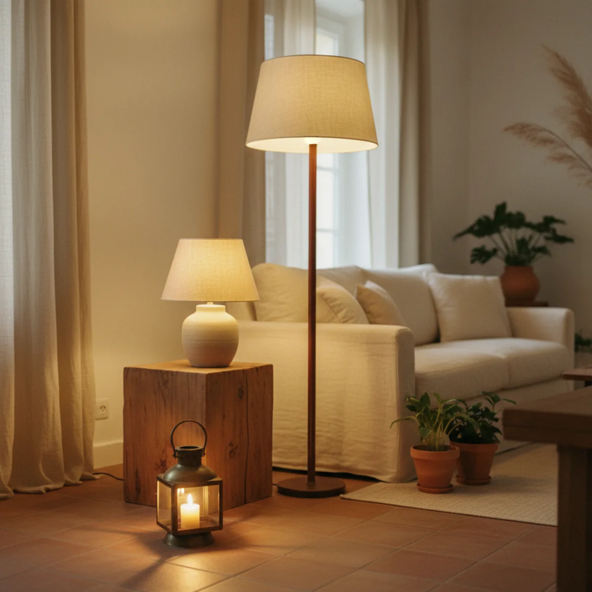 Cream decor warm white — three lamps at floor, table, and accent heights all glowing with warm 2700K light in a cream living room — Home Decor Aura