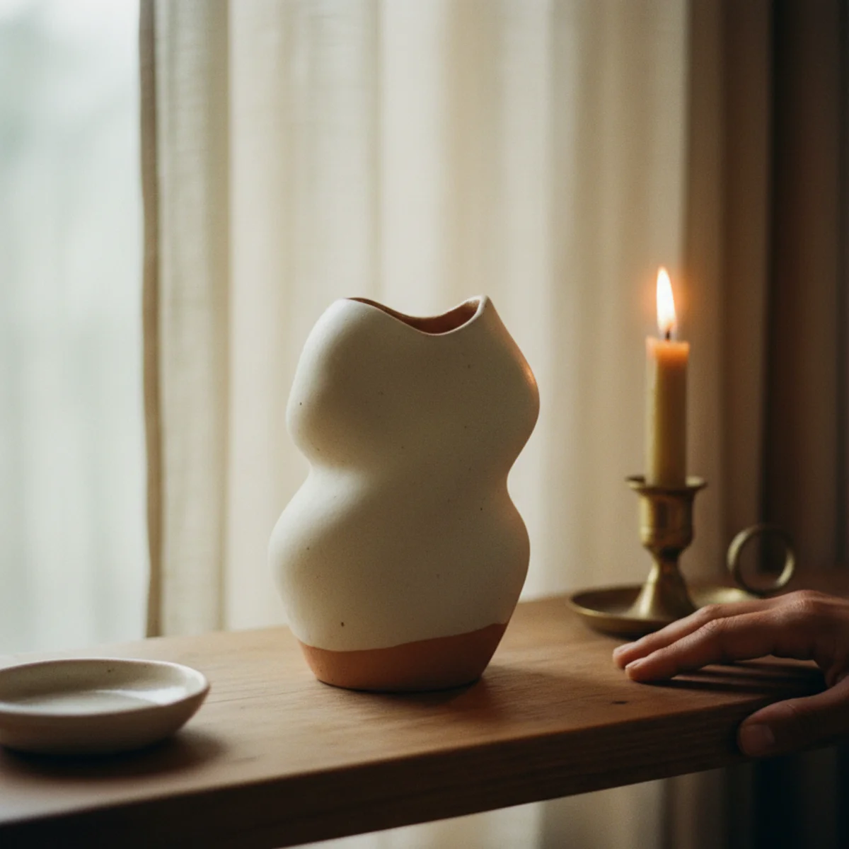 Cream decor warm white — cream console with single tall ceramic vase as a sculptural moment in a cream living room — Home Decor Aura