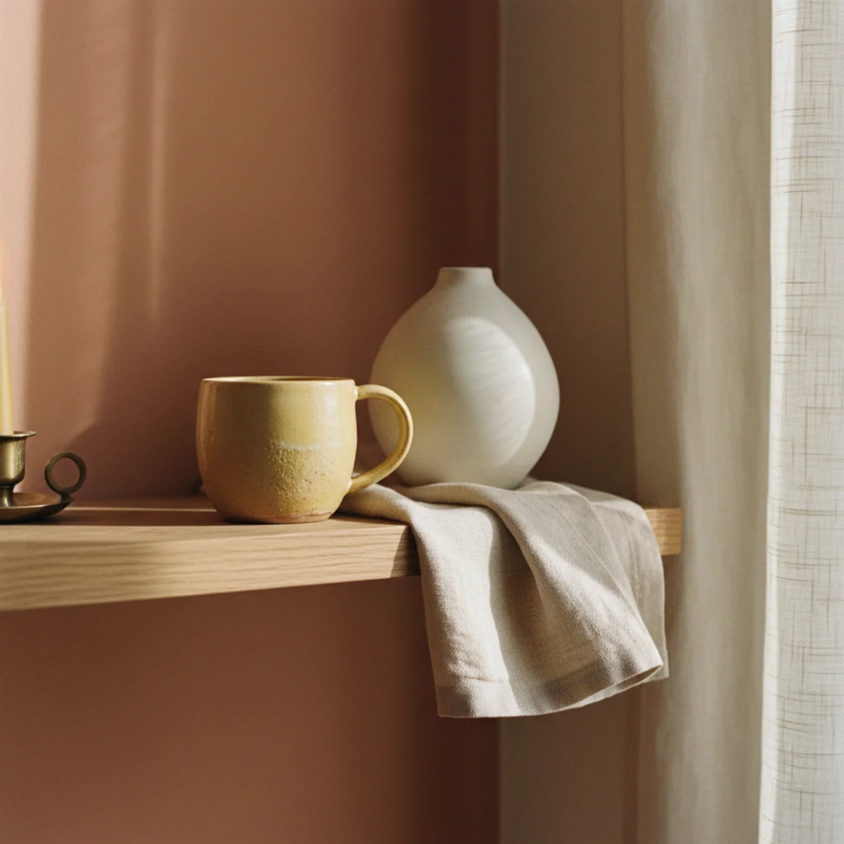 Cream decor warm white — varied cream tones layered across walls, sofa, curtains, and throw in subtle warmth gradient — Home Decor Aura
