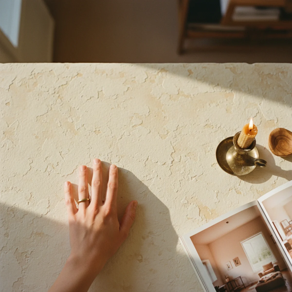 Cream decor warm white — limewashed feature wall with subtle two-tone mottled finish behind a linen sofa — Home Decor Aura