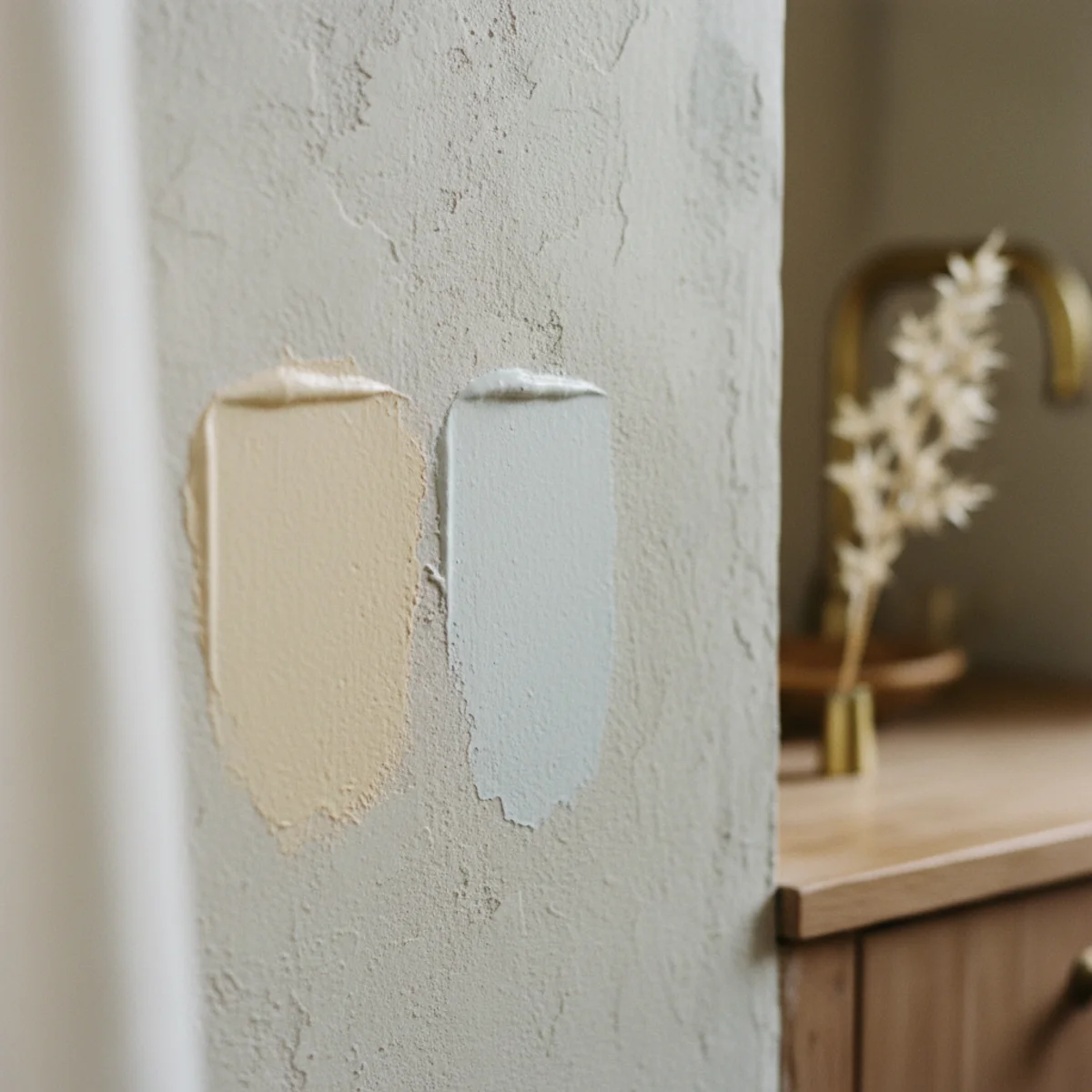 Cream decor warm white — three 12-by-12-inch warm white paint swatches taped to a wall for comparison — Home Decor Aura