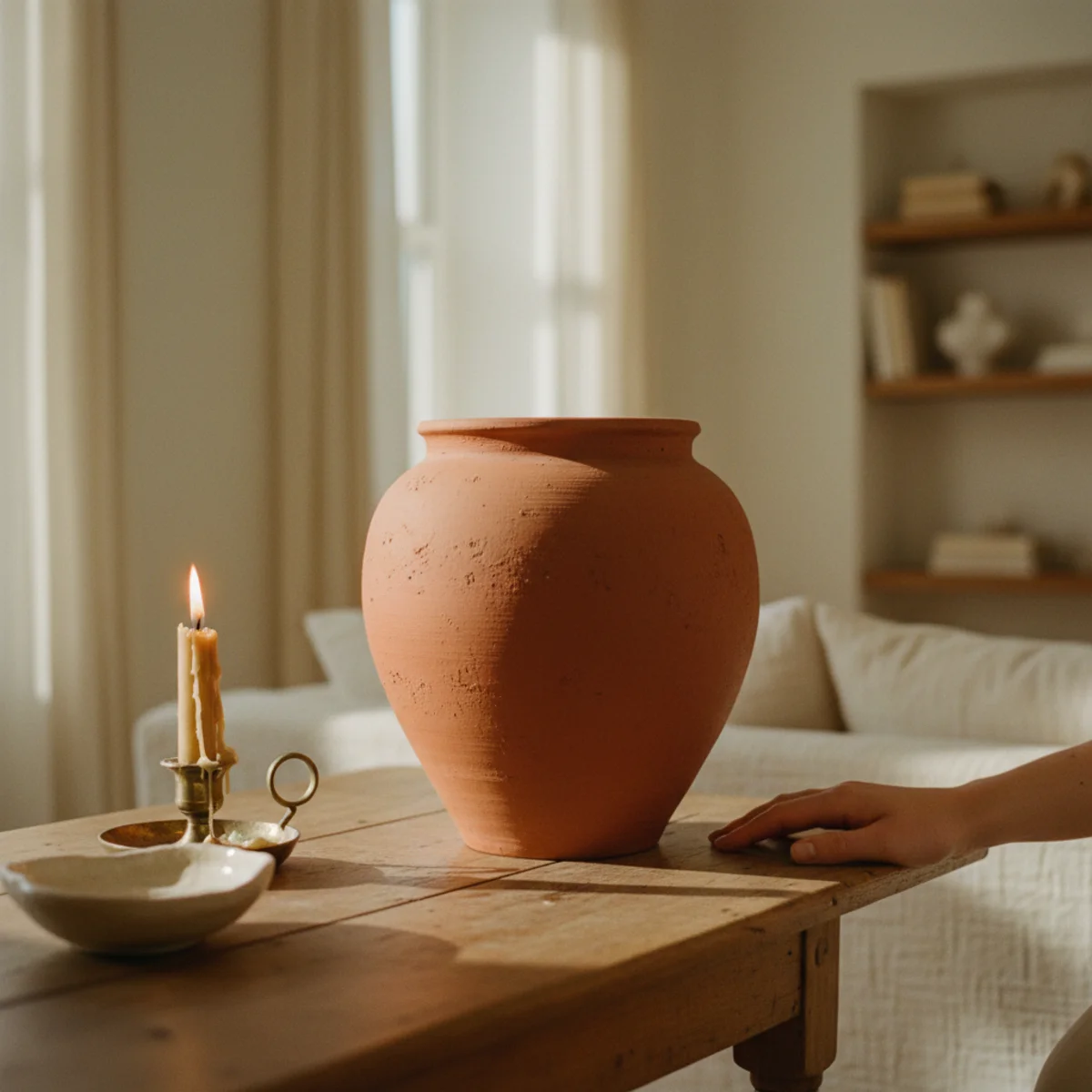 Cream decor warm white — single rust cushion and matching ceramic vase against a cream linen sofa in a warm white room — Home Decor Aura