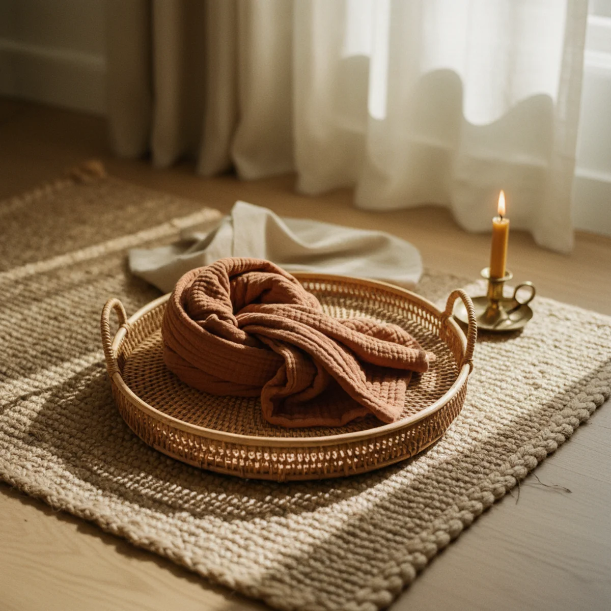 Cream decor warm white — jute rug, seagrass basket, rattan side table, and paper pendant lamp combined in a warm cream room — Home Decor Aura