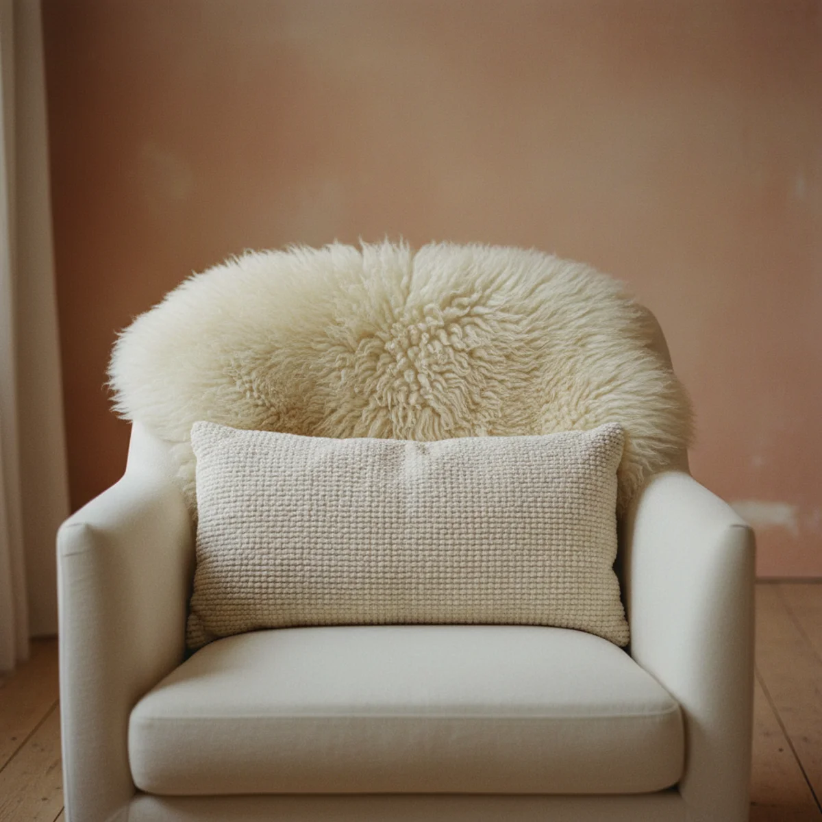 Cream decor warm white — real cream sheepskin draped over a boucle accent chair beside a cream sofa — Home Decor Aura
