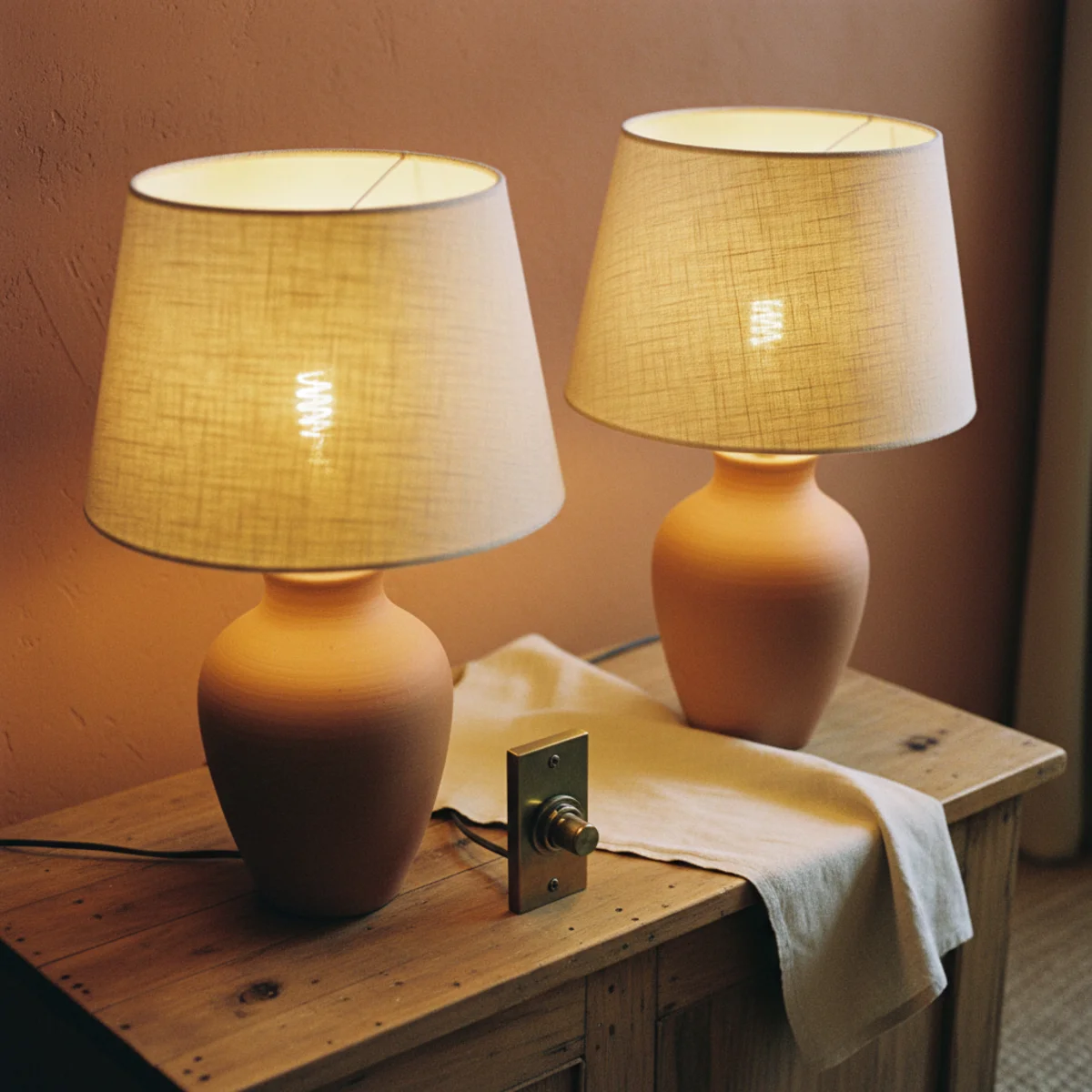 Decorating on a budget — thrifted lamp with new shade and 2700K bulb glowing warm in a budget-decorated living room — Home Decor Aura