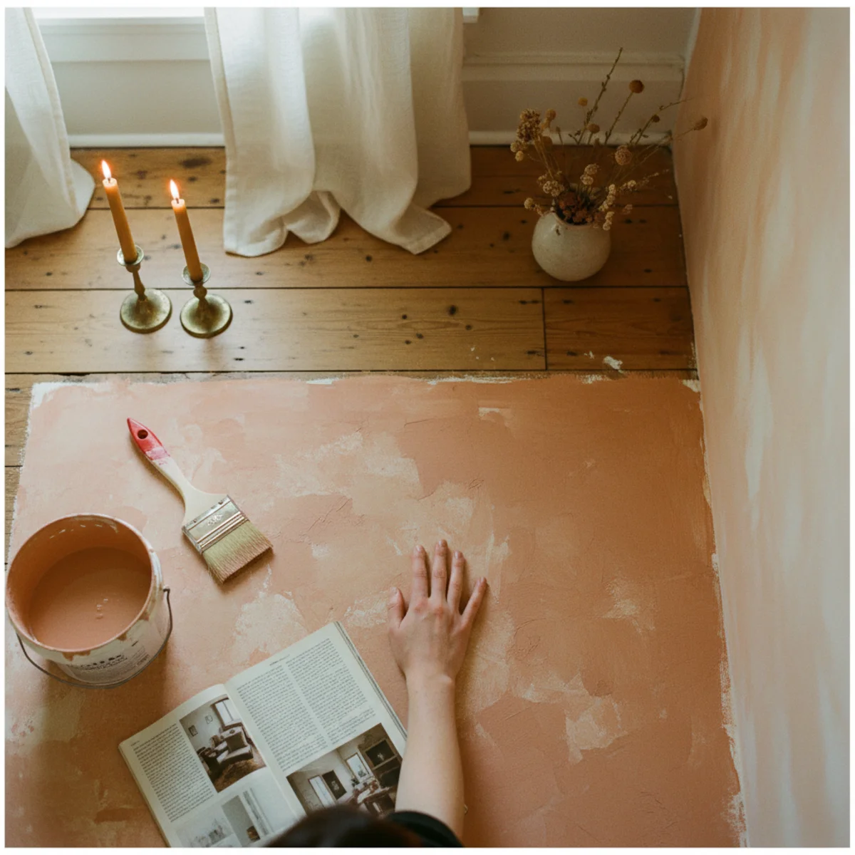 Decorating on a budget — DIY oak floating shelf, no-sew linen curtains, and hand-poured beeswax candles styled in a budget living room — Home Decor Aura