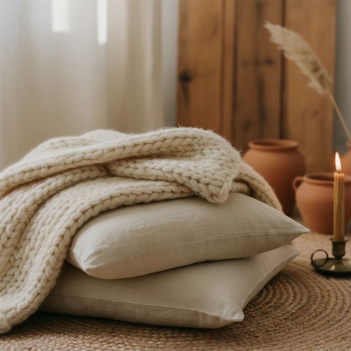 Decorating on a budget — layered textures including linen, wool, boucle, and jute all in warm neutral tones in a budget living room — Home Decor Aura
