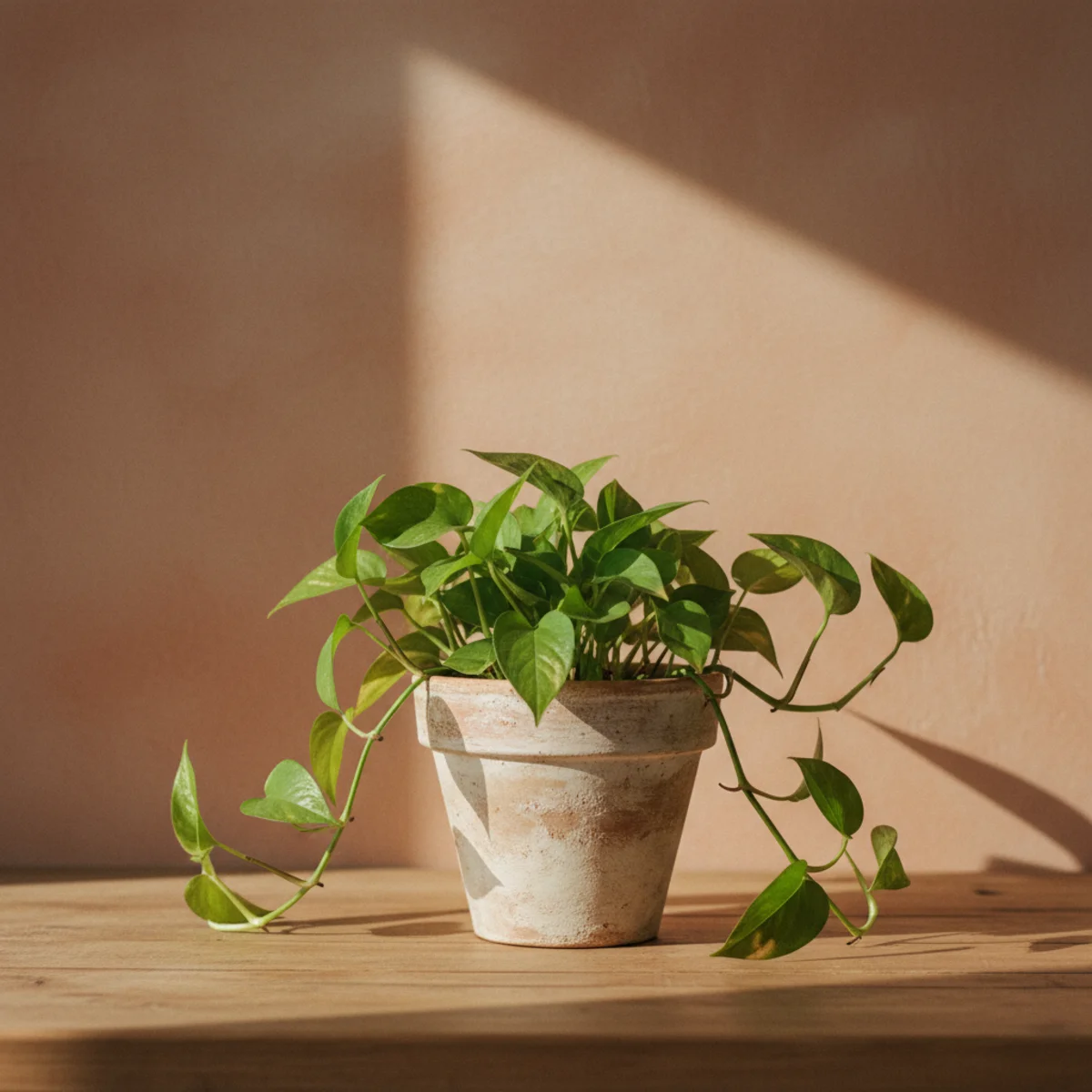 Decorating on a budget — three plants in warm terracotta planters including snake plant, pothos, and small olive tree in a budget living room — Home Decor Aura