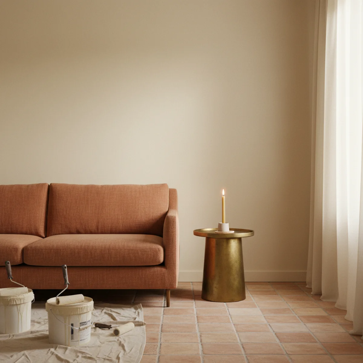 Decorating on a budget — warm white painted living room with existing thrifted furniture showing how paint transforms the whole space cheaply — Home Decor Aura