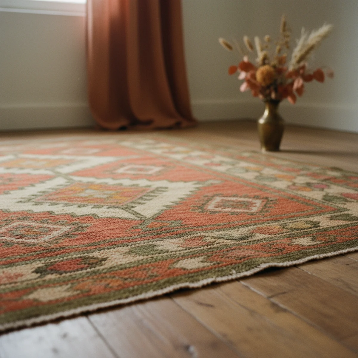 Decorating on a budget — vintage Persian rug found at estate sale with faded natural dyes and traditional pattern in a warm budget living room — Home Decor Aura