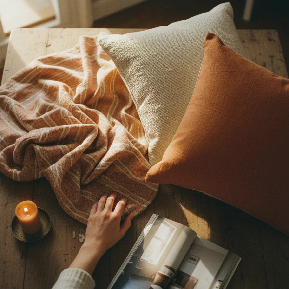 Decorating on a budget — tired sofa disguised with linen slipcover, wool throw, and three new linen cushion covers in a warm budget living room — Home Decor Aura