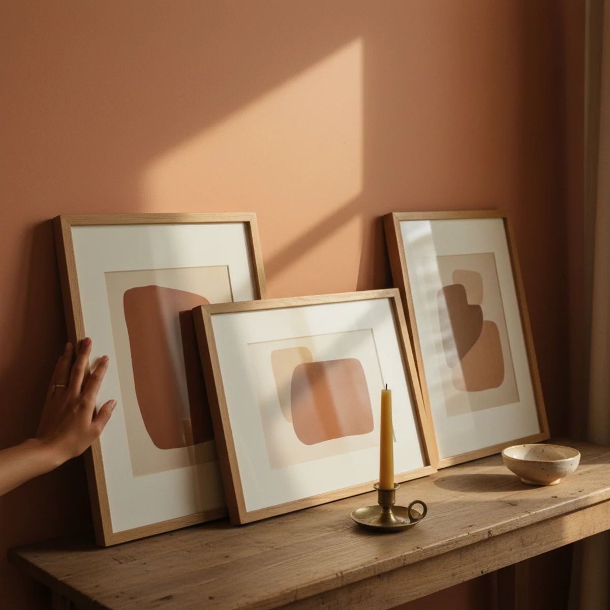 Decorating on a budget — leaned thrifted vintage botanical prints and family photographs in matching oak frames on a budget mantel — Home Decor Aura