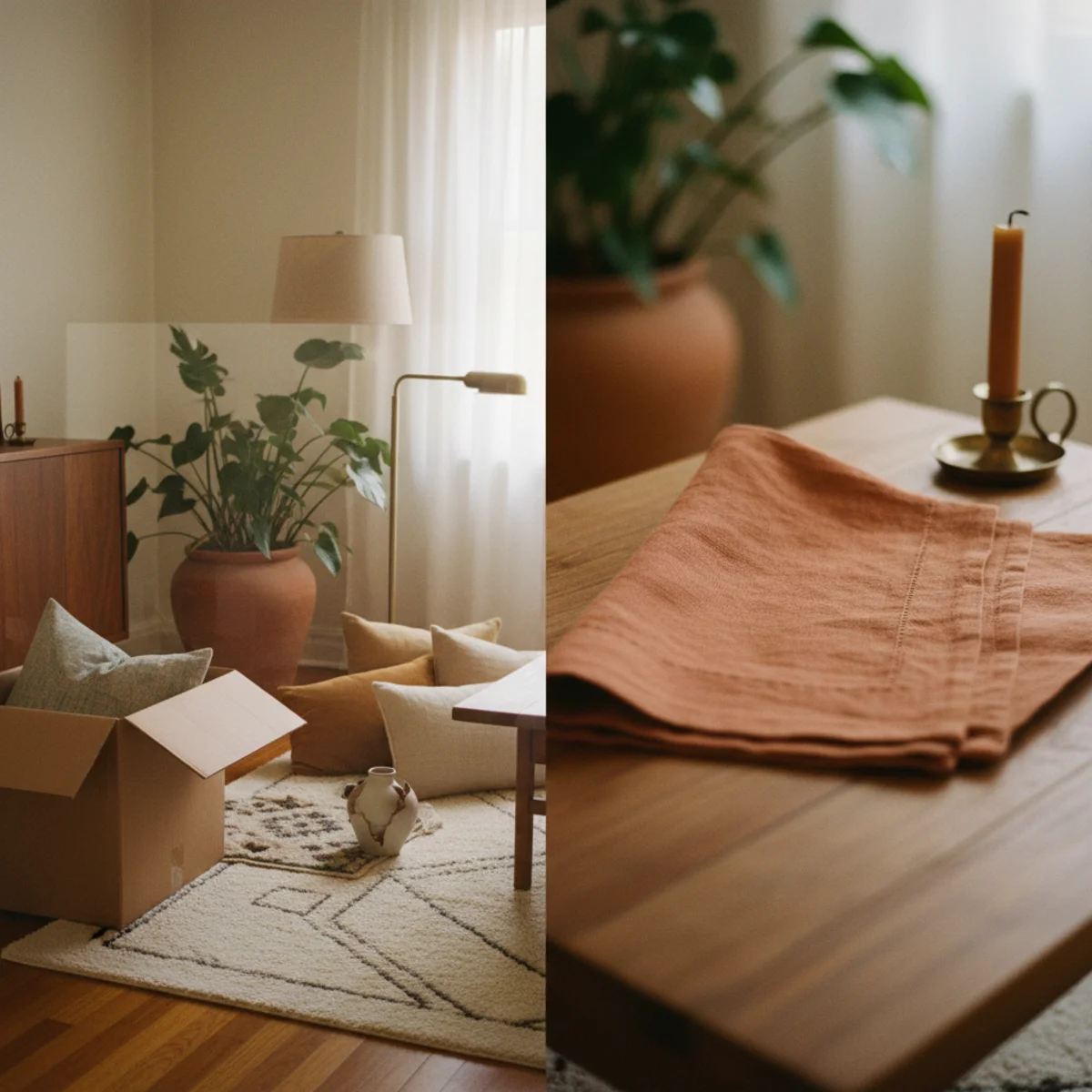 Decorating on a budget — edited living room with removed clutter showing how much warmth emerges from subtraction alone before any new purchases — Home Decor Aura