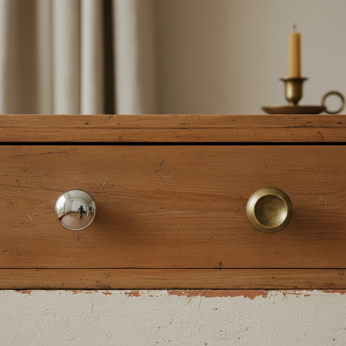 Decorating on a budget — aged brass cabinet pulls and drawer knobs replacing chrome hardware in a budget kitchen for warm-home aesthetic — Home Decor Aura