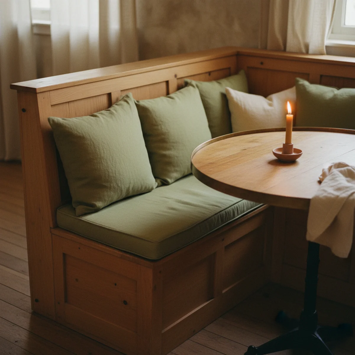 Dining nook ideas — L-shaped built-in banquette with linen cushion and mixed throw cushions positioned against two walls of a corner dining nook — Home Decor Aura