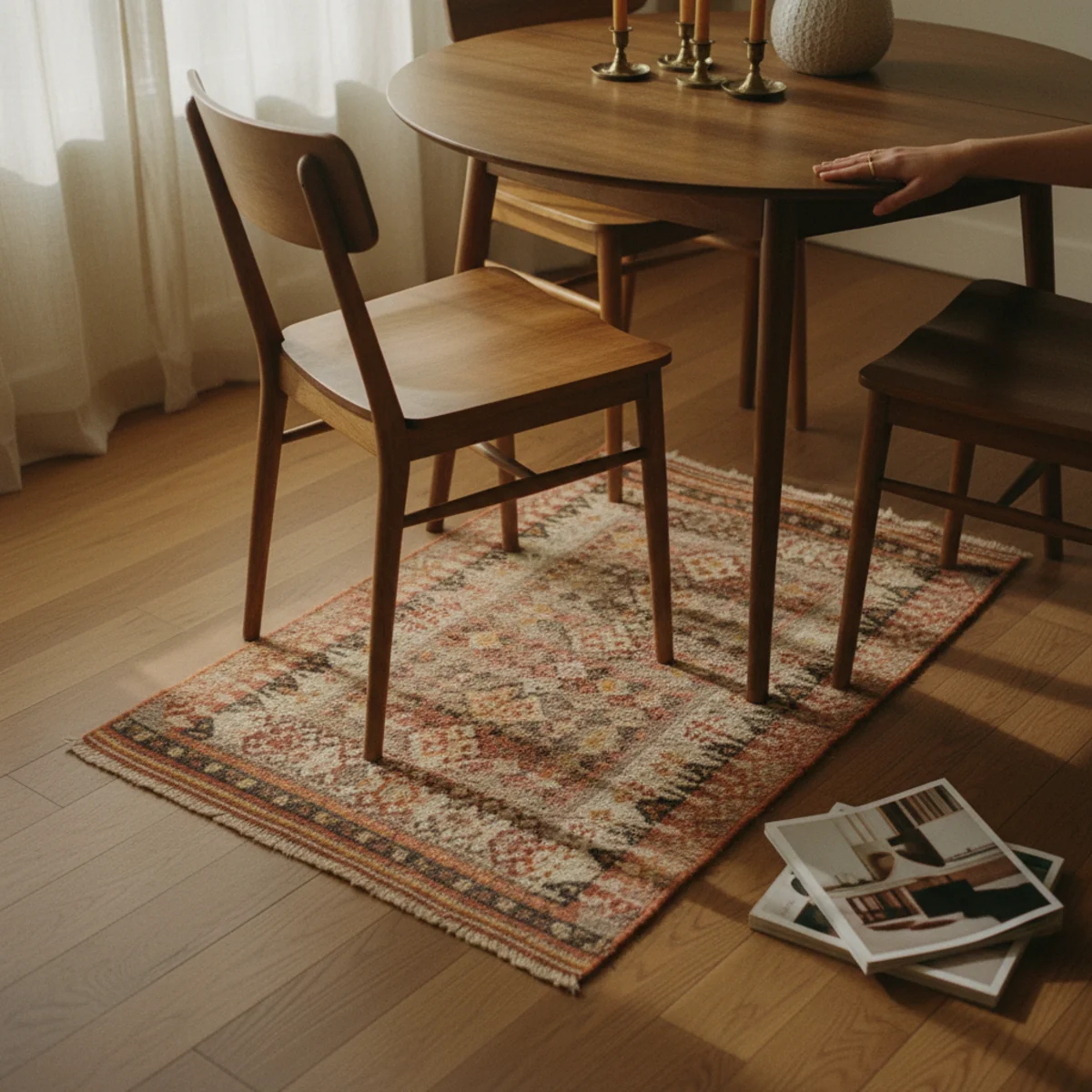 Dining nook ideas — wool flatweave rug in warm terracotta tones positioned under round dining table extending beyond chair perimeters in a warm dining nook — Home Decor Aura