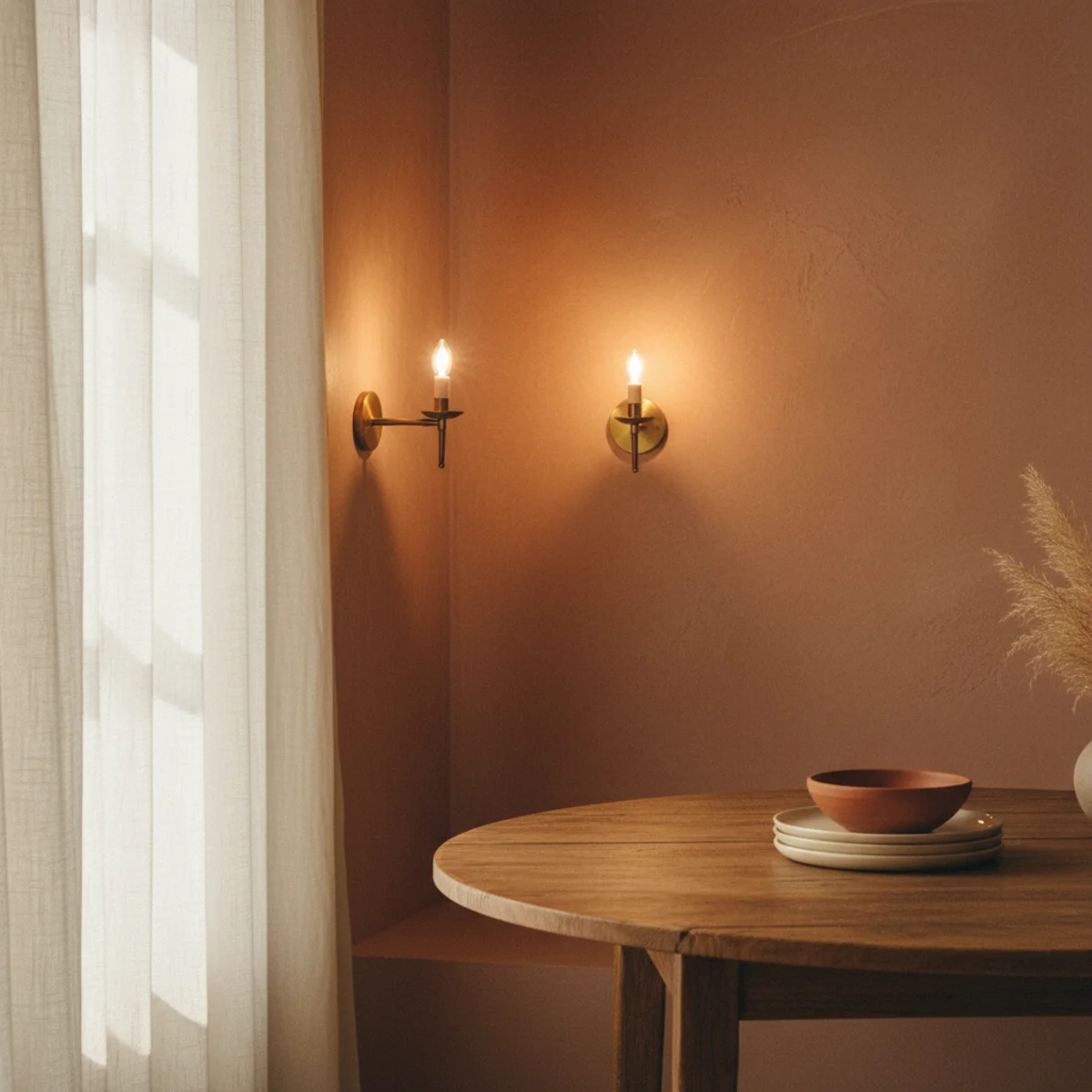 Dining nook ideas — vintage brass wall sconce mounted at 64 inches above floor beside dining nook banquette providing warm ambient light — Home Decor Aura