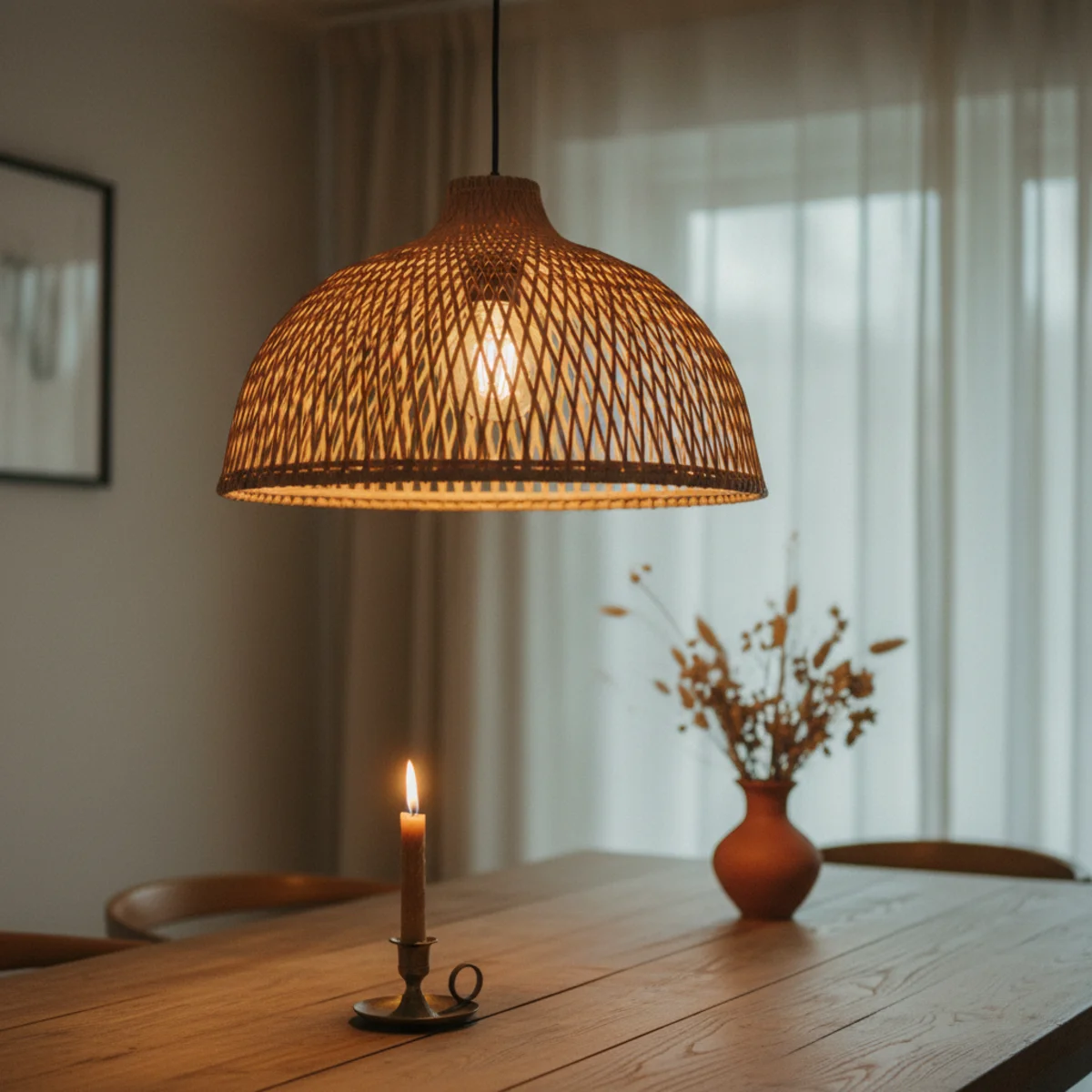 Dining nook ideas — vintage brass pendant hung 32 inches above a round dining table casting warm 2700K light in a cozy dining nook — Home Decor Aura