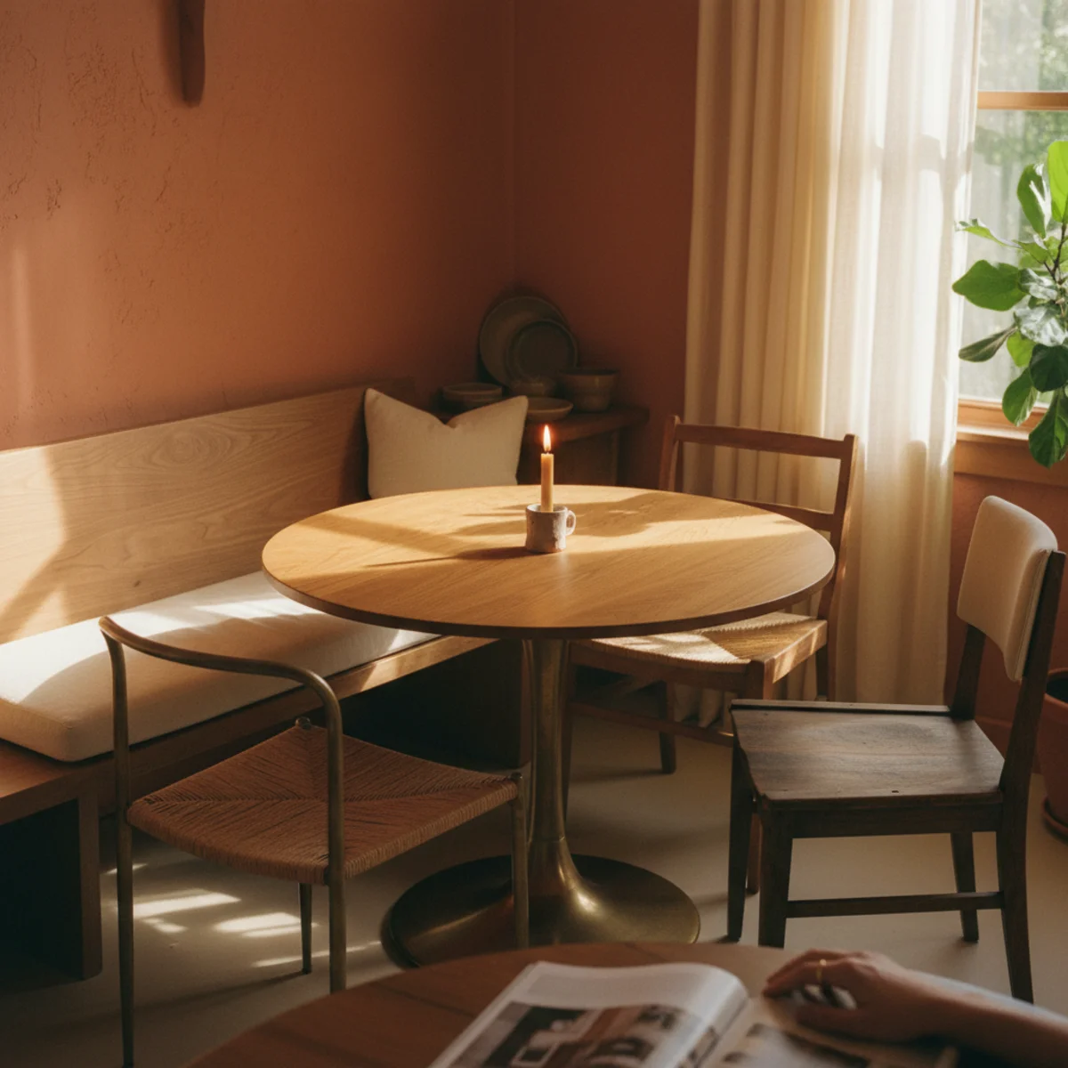 Dining nook ideas — wood bench along window wall with two upholstered linen chairs on the opposite side of a round dining table in a warm dining nook — Home Decor Aura