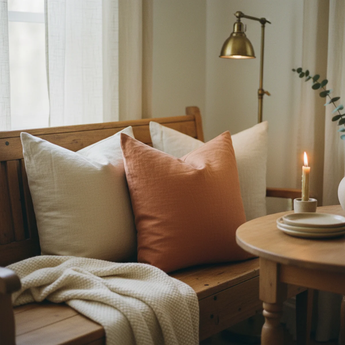 Dining nook ideas — banquette layered with five mixed-texture cushions in linen and boucle plus wool throw draped over one end in a warm cozy dining nook — Home Decor Aura