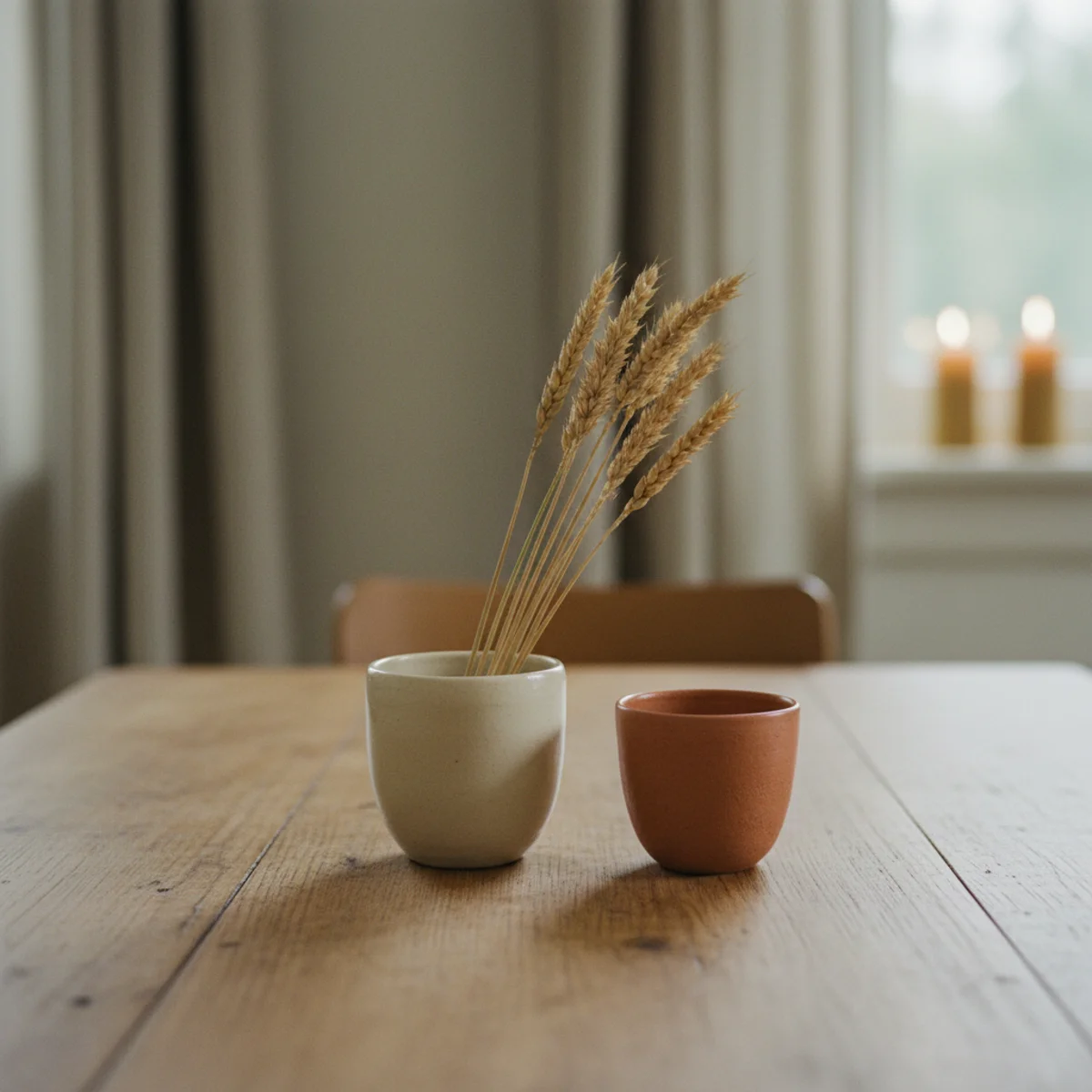 Dining nook ideas — simple table styling with small ceramic vase of greenery, two pillar candleholders, and salt and pepper set in the center of a round dining table — Home Decor Aura