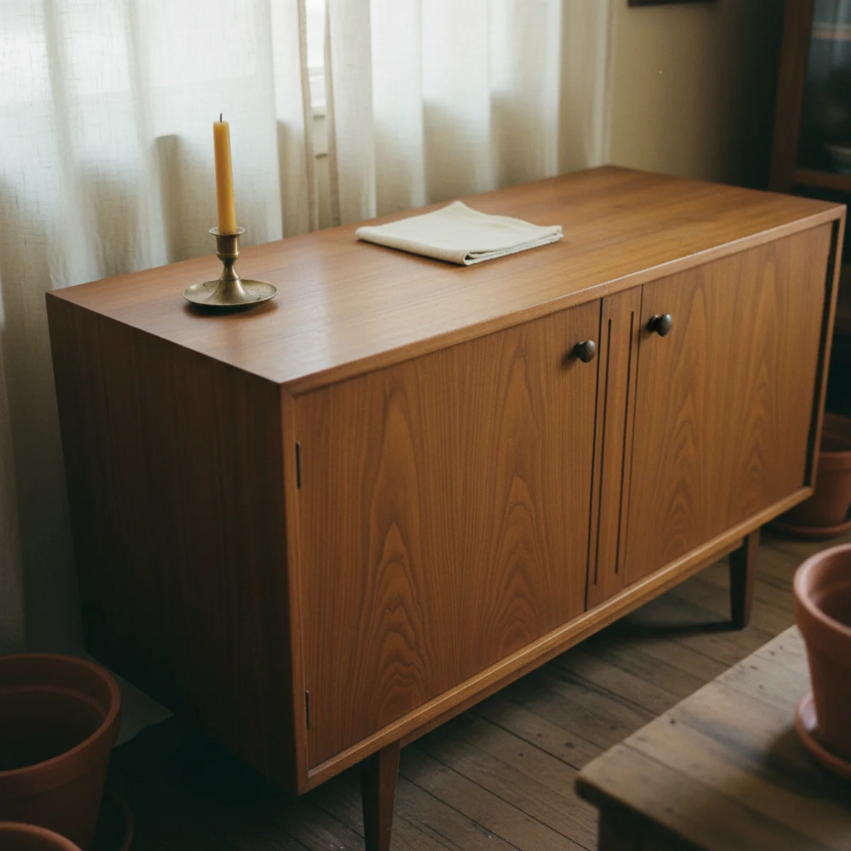 DIY coffee bar — vintage mid-century walnut credenza at 48 inches wide and 32 inches tall before build transformation showing solid wood dovetail construction and original hardware — Home Decor Aura