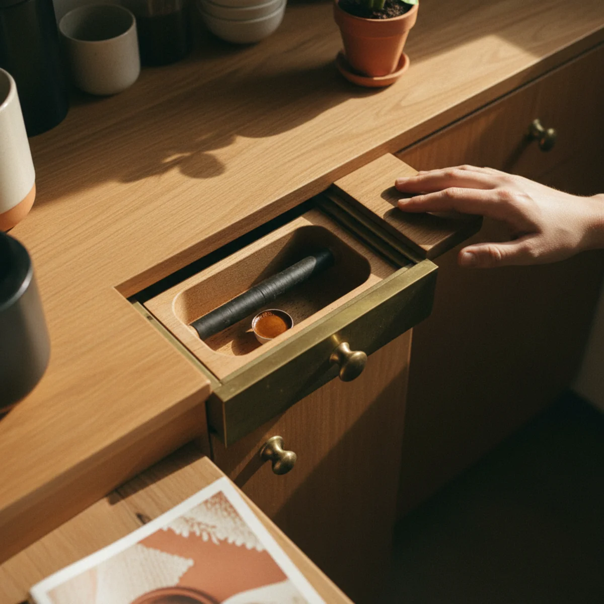 DIY coffee bar — credenza drawer pulled open showing DIY knock box insert with rubber-wrapped wooden dowel across container and used espresso pucks below — Home Decor Aura