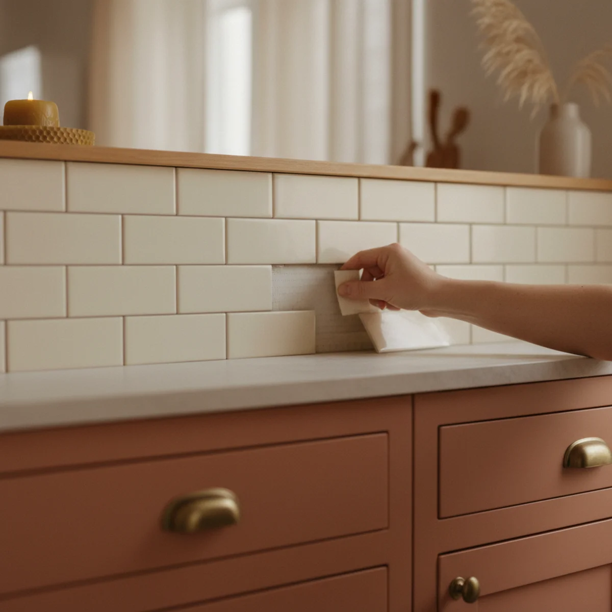 DIY coffee bar — peel-and-stick cream subway tile backsplash installed in wall zone between credenza and floating shelf in a rental apartment coffee bar with no permanent wall damage — Home Decor Aura