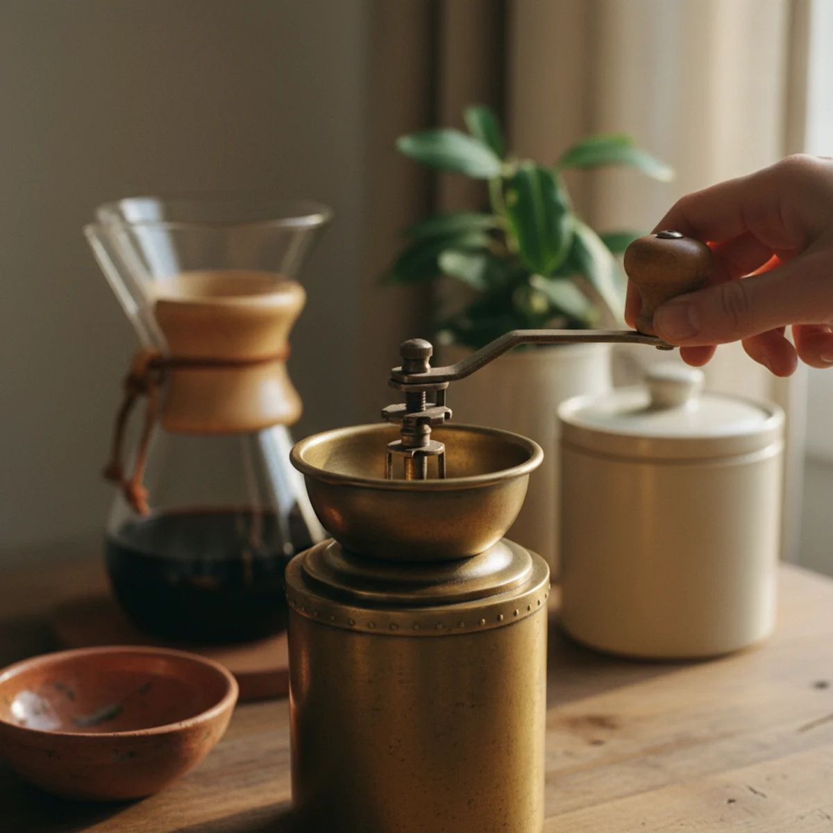 DIY coffee bar — finished coffee bar with Chemex pour-over as anchor, ceramic bean canister and manual grinder beside, small snake plant in terracotta, leaned botanical print, and ceramic lamp glowing warm — Home Decor Aura