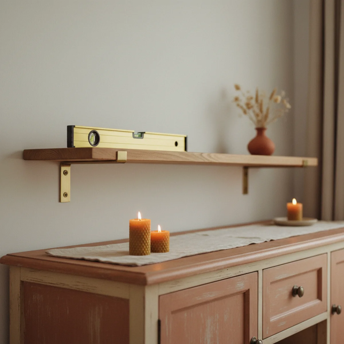 DIY coffee bar — floating walnut shelf mounted 16 inches above credenza showing the two-tier coffee station with mugs on upper shelf and coffee maker on lower credenza surface — Home Decor Aura