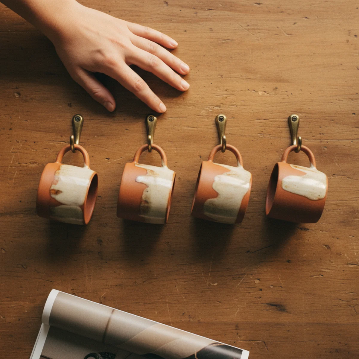 DIY coffee bar — row of six brass cup hooks on underside of floating shelf with mixed hand-thrown and vintage mugs hanging showing the curated mug display in the finished coffee bar build — Home Decor Aura