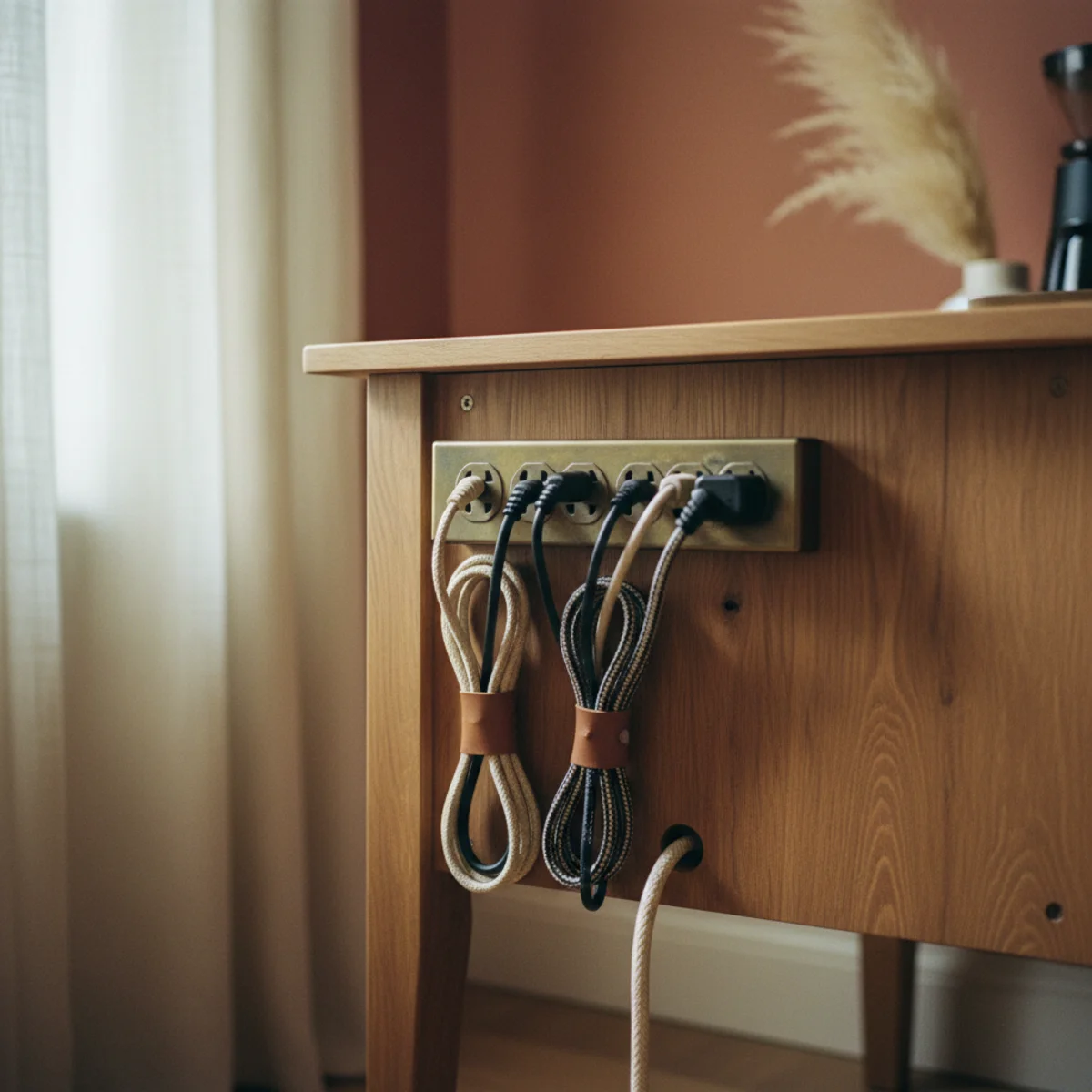 DIY coffee bar — power strip mounted on wall behind credenza with appliance cords routed neatly along the back edge showing clean cord management from the front of the coffee bar build — Home Decor Aura