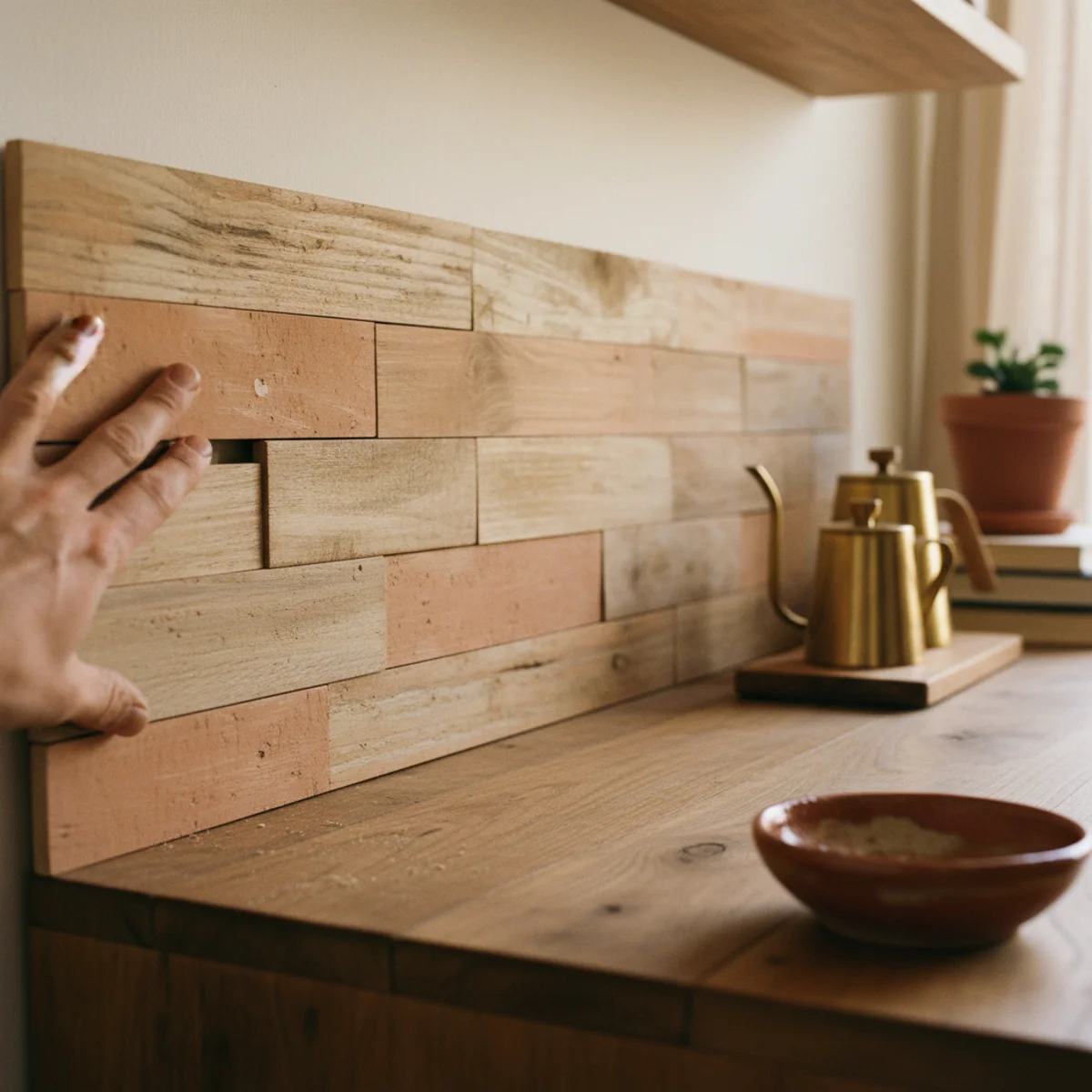 DIY coffee bar — shiplap backboard mounted in wall zone between credenza and floating shelf with warm white paint creating custom-built station appearance — Home Decor Aura