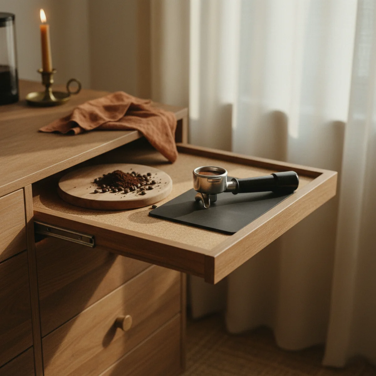 DIY coffee bar — pull-out tray extended from inside credenza holding milk frother, honey jar, and extra spoons in a warm coffee station with main surface remaining clear — Home Decor Aura