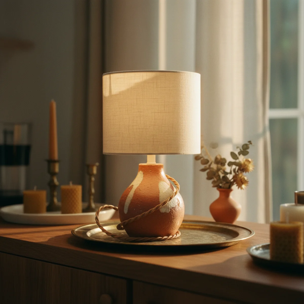 DIY coffee bar — small vintage ceramic table lamp with linen shade glowing warm 2700K on credenza surface beside French press creating atmospheric morning lighting in finished coffee bar — Home Decor Aura