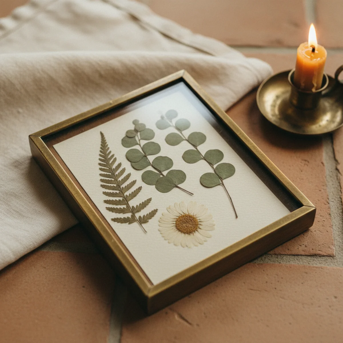 DIY farmhouse wall art — grouping of five pressed botanical frames with ferns, cosmos, and fall leaves in simple thrifted wood frames arranged as gallery wall on a warm plaster wall — Home Decor Aura